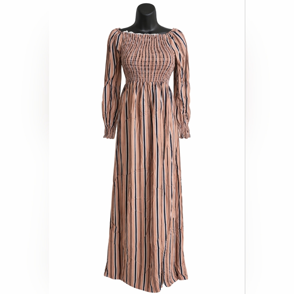 Cotton Smocked Maxi Dress Modest Jalabiya Boho Cottagecore Long Sleeve - Picture 1 of 5